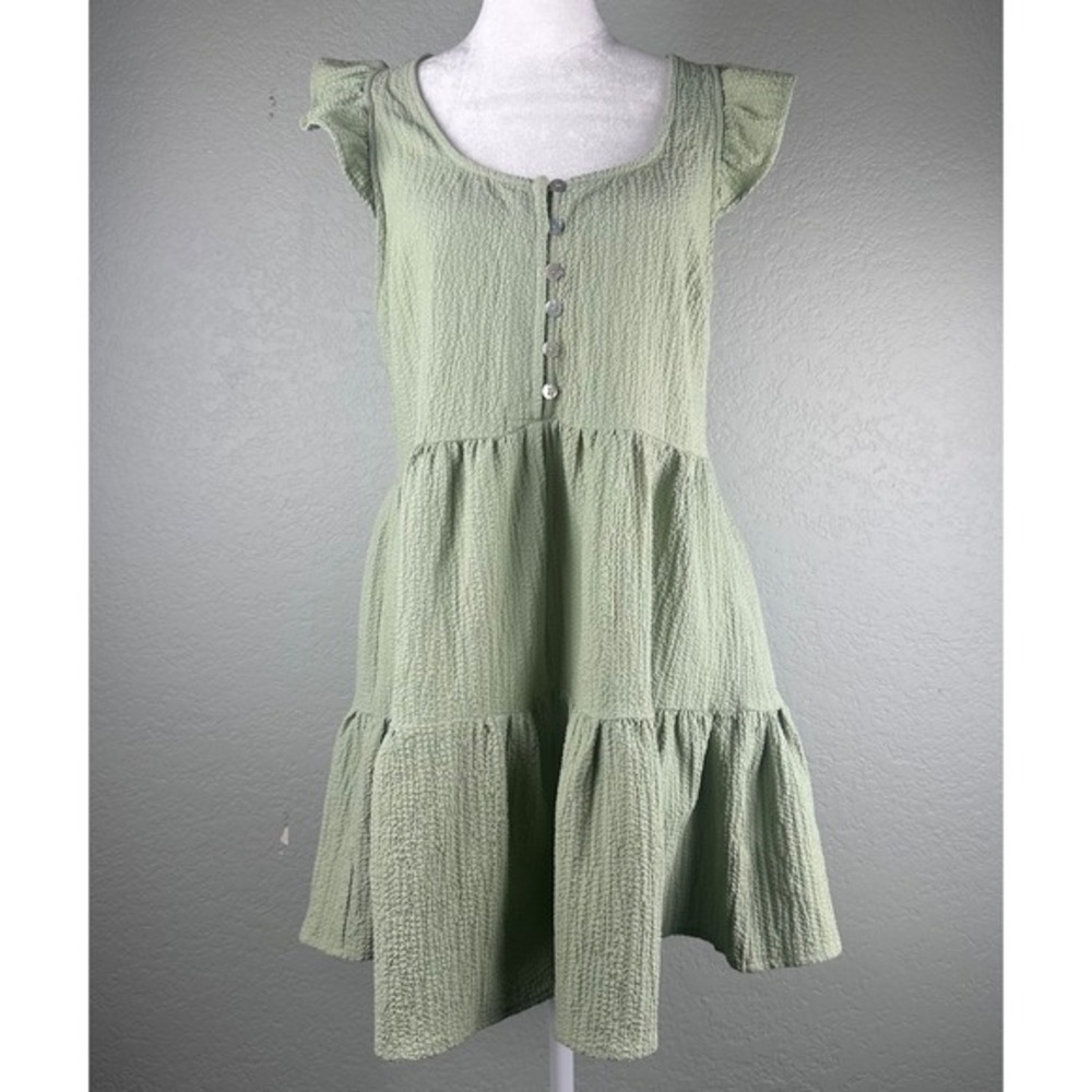ForGood Gauze Romper Sz L Sage Green Tiered Ruffle Front Button Cottagecore Boho